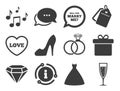 Wedding, engagement icons. Rings, gift box. Vector