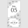 Wedding escort and table number card template with sketch of dahlia flower