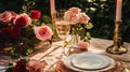 Wedding and event celebration tablescape with flowers, formal dinner table setting with roses and wine, elegant floral