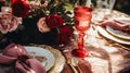 Wedding and event celebration tablescape with flowers, formal dinner table setting with roses and wine, elegant floral