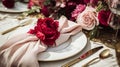 Wedding and event celebration tablescape with flowers, formal dinner table setting with roses and wine, elegant floral