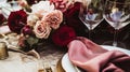 Wedding and event celebration tablescape with flowers, formal dinner table setting with roses and wine, elegant floral