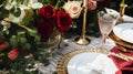 Wedding and event celebration tablescape with flowers, formal dinner table setting with roses and wine, elegant floral