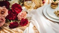 Wedding and event celebration tablescape with flowers, formal dinner table setting with roses and wine, elegant floral