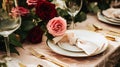 Wedding and event celebration tablescape with flowers, formal dinner table setting with roses and wine, elegant floral