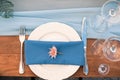 Wedding or Event decoration table setup, blue napkin, outdoor Royalty Free Stock Photo