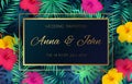 Wedding event invitation card. Poster marriage exotic tropical flowers jungle leaves palm frame decoration invite banner