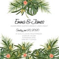 Beautiful tropical wedding invitation. Trendy summer tropical leaves design. Royalty Free Stock Photo