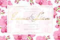 Wedding event invitation card template. Rectangular border frame decorated with bright pink orchid phalaenopsis flowers.