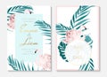 Wedding event invitation cards template set. Exotic pink flamingo birds. Body shape as rose flower. Green palm leaves. Royalty Free Stock Photo