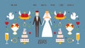 Wedding expo website design, vector illustration. Landing page template with symbols and icons of love in simple flat Royalty Free Stock Photo
