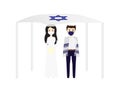 Young Jewish broom and bride wearing face masks under White Huppah with Blue Star of David