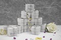 Wedding Favor boxes on a White tablecloth Royalty Free Stock Photo