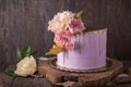 Wedding, birthday cake with pink peony. Royalty Free Stock Photo