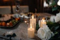 wedding, festive table, glasses, bottles of champagne and alcoholic cocktails