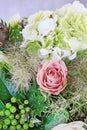 Wedding floral arrangement with hortensias hydrangea, dahlias and carnations