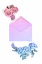 Wedding floral concept. beautiful composition of dried rose and envelope. flowers toned in pastel rainbow shades. top view, flat