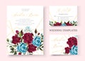 Wedding floral golden invitation card save the date design with bordo navy blue roses Royalty Free Stock Photo