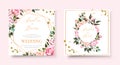 Wedding floral golden invitation card save the date design with pink flowers roses