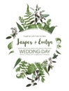 Wedding floral invitation, invite card. Vector watercolor set green forest fern, herbs, eucalyptus, branches boxwood, buxus.