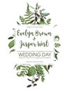 Wedding floral invitation, invite card. Vector watercolor set green forest fern, herbs, eucalyptus, branches boxwood, buxus.