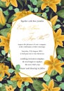 Wedding floral invitation, invite card. Vector watercolor style, forest greenery, herbs, eucalyptus, leaves lilly, botanical