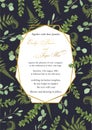 Wedding floral invitation, invite card. Vector watercolor style, forest fern, branches boxwood, buxus, vertical geometric golden