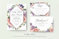 Wedding floral invitation, rsvp, thank you card elegant botanical design with lavender pink garden rose flowers, violet succulent