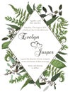 Wedding floral invite card. Vector watercolor green forest leaf, fern, branches boxwood, buxus, eucalyptus. Flowers of yellow, Royalty Free Stock Photo