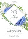 Wedding floral invite, invitation card design with elegant bouquet of blue hydrangea flowers, white garden roses, green eucalyptus