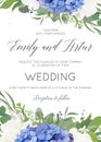 Wedding floral invite, invitation, card design with elegant bouquet of blue hydrangea flowers, white garden roses, green eucalyptu Royalty Free Stock Photo