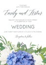 Wedding floral invite, invitation, card design with elegant bouquet of blue hydrangea flowers, white garden roses, green eucalyptu