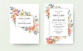 Wedding floral invite, invitation card design: garden pink peach, orange Rose, yellow white Magnolia flower, Eucalyptus, green Oli Royalty Free Stock Photo