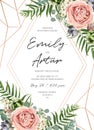 Wedding floral invite invitation card design. Lavender pink garden rose, green tropical palm leaf, succulent plant, greenery