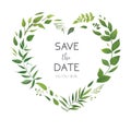 Wedding floral invite, invitation card, save the date design. Botanical greenery heart shape wreath. Garden plants, green forest