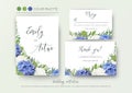 Wedding floral invite, invitation, save the date, thank you, rsvp, card design with elegant, blue hydrangea flowers, white garden