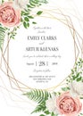 Wedding floral invite, invtation card design. Watercolor lavender pink rose, white garden peony flowers blossom, green leaves, gr