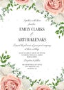 Wedding floral invite, invtation, save the date card design. Watercolor blush pink rose flowers, white garden peonies, green