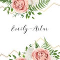 Wedding floral invite, invtation, save the date card design. Watercolor blush pink roses, cute white garden peony flowers, green Royalty Free Stock Photo