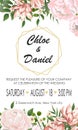 Wedding floral invite, invtation, save the date card design. Watercolor blush pink roses, cute white garden peony flowers, green Royalty Free Stock Photo