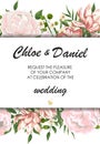 Wedding floral invite, invtation, save the date card design. Watercolor blush pink roses, cute white garden peony flowers, green Royalty Free Stock Photo