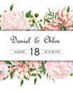 Wedding floral invite, invtation, save the date card design. Watercolor blush pink roses, cute white garden peony flowers, green Royalty Free Stock Photo