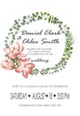 Wedding floral invite, invtation, save the date card design. Watercolor blush pink roses, cute white garden peony flowers, green Royalty Free Stock Photo