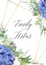 Wedding floral invite, save the date card design with elegant blue violet hydrangea flowers, white garden roses, eucalyptus green