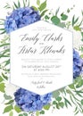 Wedding floral invite, save the date, thank you, rsvp, label card design with elegant blue hydrangea flowers, white garden roses,