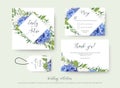 Wedding floral invite, save the date, thank you, rsvp, label card design with elegant blue hydrangea flowers, white garden roses, Royalty Free Stock Photo