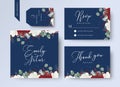 Wedding floral invite, thank you, rsvp card design set with red