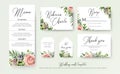 Wedding floral invite thank you, rsvp label cards Design: lavender pink violet garden rose, green tropical palm leaf greenery