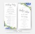 Wedding floral wedding party & ceremony program card design with elegant blue hydrangea flowers, white garden roses, green eucalyp Royalty Free Stock Photo