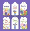 Wedding floral tag set, vector illustration. Template vintage greeting design with flower, retro paper label card for Royalty Free Stock Photo